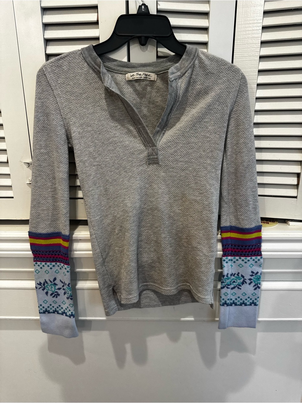 We The Free Light Gray Waffle-Knit Thermal with Multicolor Patterned Cuffs